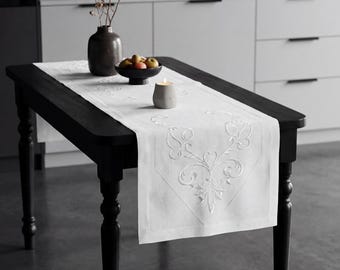 Runner da tavola in lino bianco ricamato – Decorazione da tavola in stile rustico, biancheria da pranzo rustica, 45,7 x 140 cm