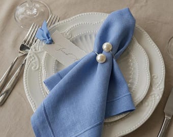 Set personalizzato di tovagliette e tovaglioli in lino blu, decorazioni per la tavola nuziale in lino europeo.