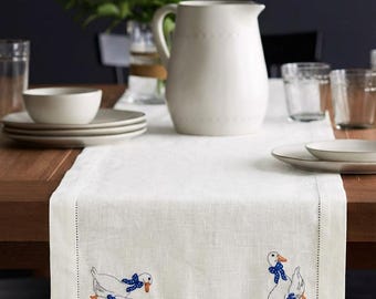 Embroidered Linen Table Runner Goose Collection 45x140 cm, White Linen Runner, Rustic Dining Table Runner