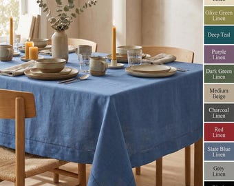 Tovaglia personalizzata in lino 100% blu ardesia, elegante per eventi.