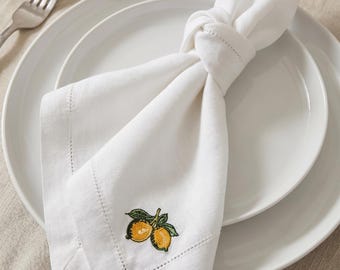 Tovagliolo in lino bianco limone ricamato – 40 x 40 cm, quadrato, stile rustico, country e per la tavola estiva