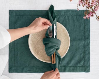 Tovagliette in lino verde scuro (set da 4) – 35,5 x 45,7 cm / Dimensioni personalizzate, ecologiche, tovagliette in lino di alta qualità
