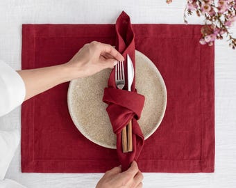 Tovagliette in lino rosso (set da 4) – 35,5 x 45,7 cm, tovagliette ecologiche, ideali per Natale, matrimoni e cene rustiche.