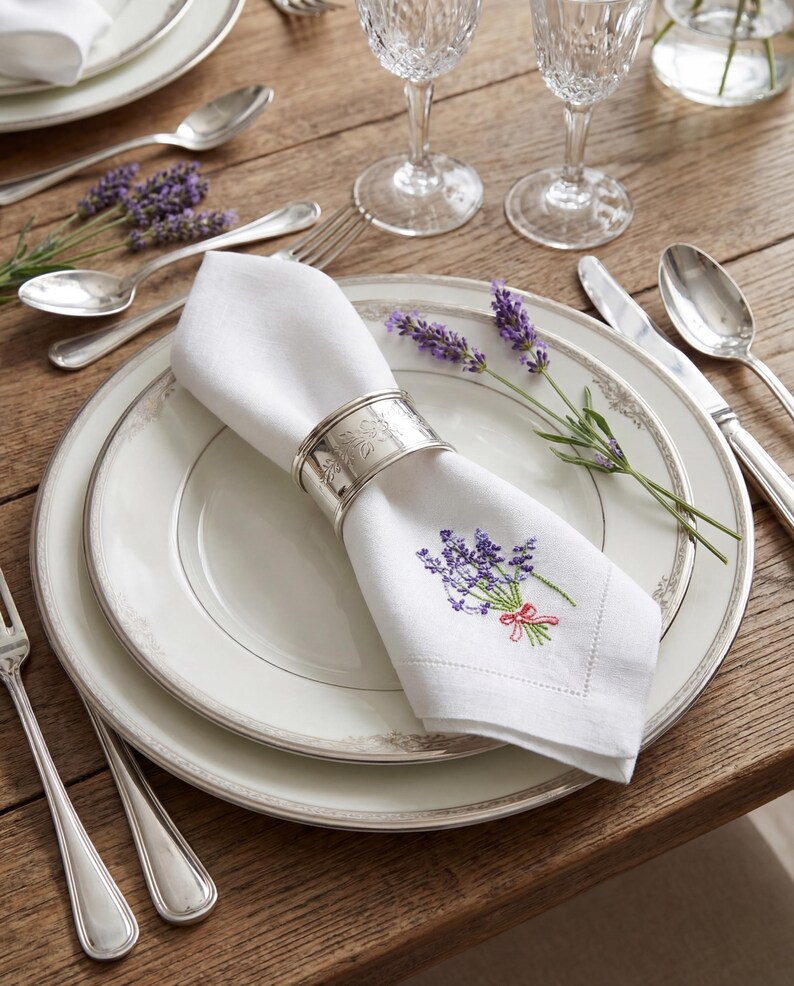 Puede incluir: Una elegante mesa con platos blancos, cubiertos y copas de cristal. Una servilleta de lino blanca, bordada con lavanda, est&aacute; sujeta por un servilletero plateado. Ramas de lavanda a&ntilde;aden un toque natural a la disposici&oacute;n.