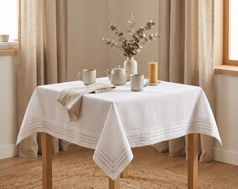 Tovaglia in lino bianco, ricamo a punto orlo, dimensioni personalizzate, copritavolo con monogramma personalizzato