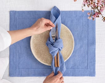 Tovagliette in lino blu puro (set da 4) – 35,5 x 45,7 cm, tovagliette ecologiche, ideali per matrimoni, pranzi rustici e moderni.
