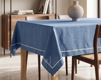 Slate Blue Linen Tablecloth, European Flax Table Cover, Dusty Blue Dining Linen, Wedding Reception Decor, Custom Embroidered Cloth