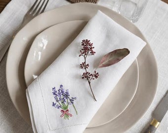 Embroidered Linen Napkin, Lavender Design, Hemstitch Detail, 16x16 Inch