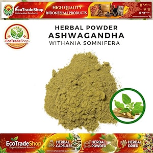 May include: A pile of light olive-green Ashwagandha herbal powder centered on a white background. Text above reads HERBAL POWDER ASHWAGANDHA WITHANIA SOMNIFERA. A circular inset shows green leaves and light brown roots of the plant.