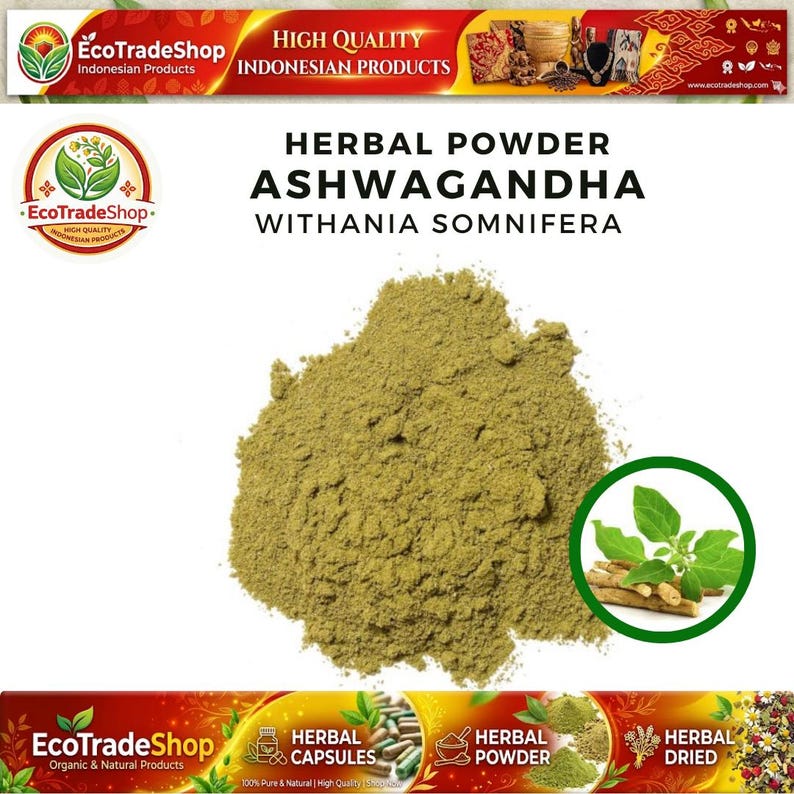 May include: A pile of light olive-green Ashwagandha herbal powder centered on a white background. Text above reads HERBAL POWDER ASHWAGANDHA WITHANIA SOMNIFERA. A circular inset shows green leaves and light brown roots of the plant.