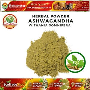 May include: A pile of light olive-green Ashwagandha herbal powder centered on a white background. Text above reads HERBAL POWDER ASHWAGANDHA WITHANIA SOMNIFERA. A circular inset shows green leaves and light brown roots of the plant.