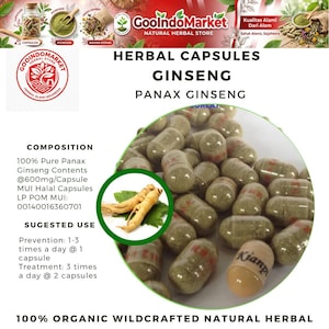 Op de afbeelding: Afbeelding van kruidencapsules met het label "Ginseng" en "Panax Ginseng". De capsules zitten in een doorzichtige verpakking, met een close-up van de capsules en ginsengwortel. De tekst op de afbeelding bevat "100% Organic Wildcrafted Natural Herbal."