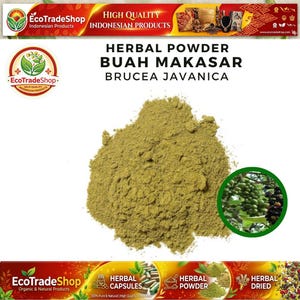 May include: A pile of light olive green herbal powder labelled as HERBAL POWDER BUAH MAKASAR BRUCEA JAVANICA. The image includes a circular inset showing green and black berries on a plant branch, along with branding text for EcoTradeShop.
