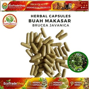 Könnte beinhalten: Ein Haufen hellbrauner Kräuterkapseln mit der Aufschrift Buah Makasar Brucea Javanica. Das Bild enthält das EcoTradeShop-Logo, den Text HERBAL CAPSULES BUAH MAKASAR BRUCEA JAVANICA und einen kreisförmigen Einsatz mit grünen Beeren an einem Zweig.