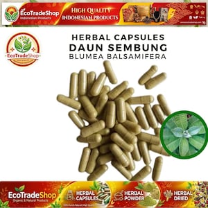 Pode incluir: Uma pilha de cápsulas de ervas castanho-claras rotuladas como Daun Sembung Blumea Balsamifera. A imagem inclui um círculo com uma planta verde de folhas serrilhadas e o logótipo da EcoTradeShop com texto sobre produtos indonésios de alta qualidade.