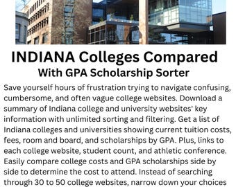 Indiana College Suchtabelle - Studiengebühren, Zimmer, GPA-Stipendien (Digitaler Download)