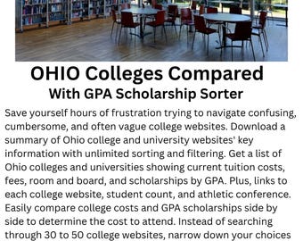 Ohio College Suchtabelle - Studiengebühren, Zimmer, GPA-Stipendien (Digitaler Download)