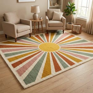 Puede incluir: Una alfombra rectangular con un diseño de rayos de sol. La alfombra presenta un gran círculo amarillo en el centro, con rayos coloridos en tonos naranja, rosa, verde y amarillo que irradian hacia afuera. Está colocada sobre un suelo de madera clara.