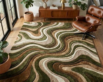 Hand-tufted Abstract Wavy Rug, Earth Tone Nature Inspired Carpet