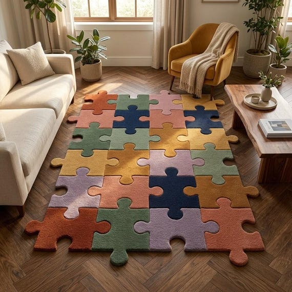 Hand Tufted Puzzle Rug – Multicolor Earthy Pastel Playroom Carpet