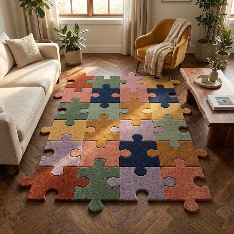 May include: A colorful puzzle-piece rug in a living room setting. The rug features various colors, including orange, green, blue, and yellow. The rug is placed on a wooden floor, with a sofa, armchair, and coffee table in the background.