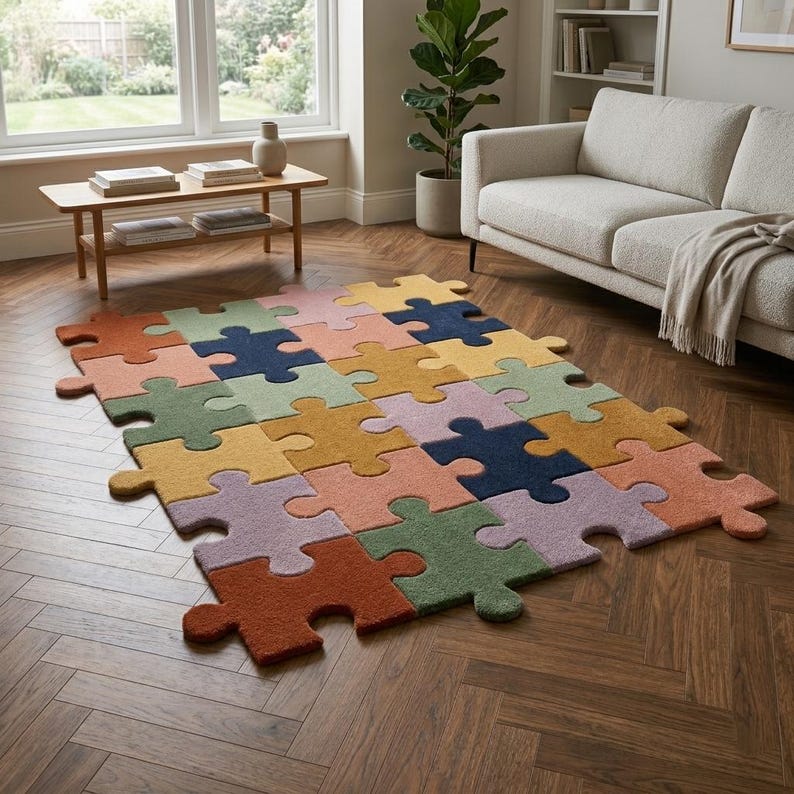 May include: A colorful puzzle-shaped rug with various pastel colors, including orange, green, yellow, pink, and blue. The rug is placed on a wooden floor in a living room setting, with a couch and a coffee table visible in the background.
