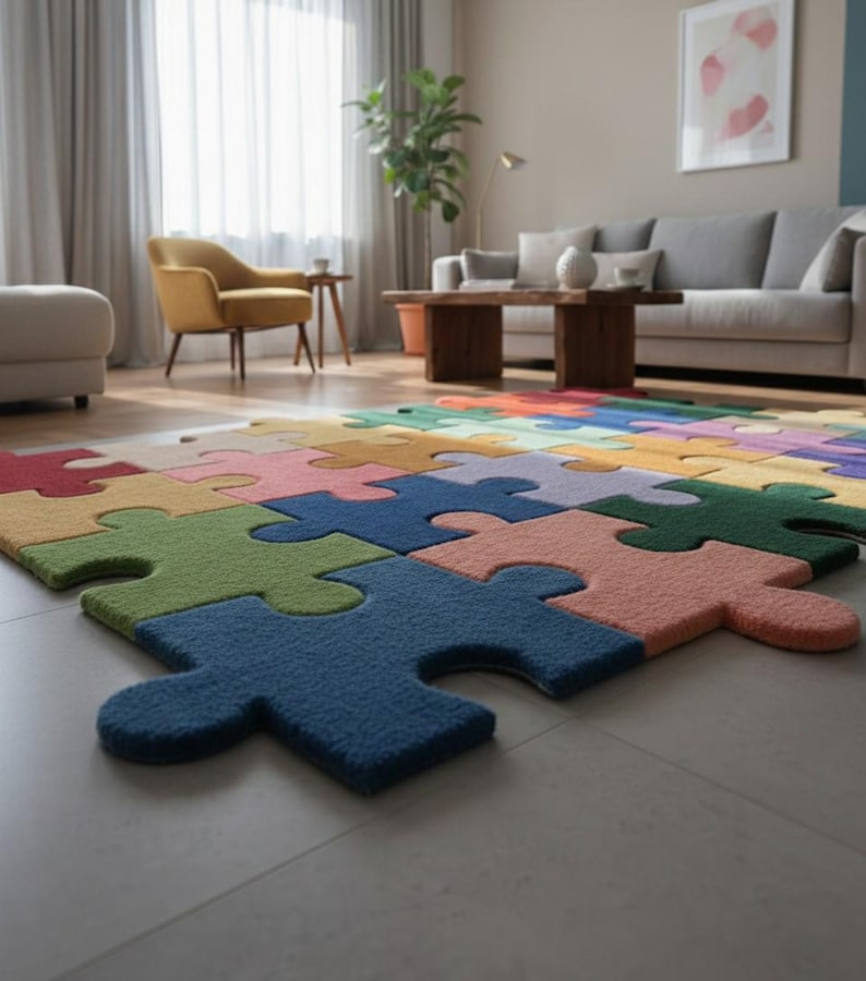 Compuzzle Rug Outline Hand Tufted Wool Puzzle Rug | Colorful Jigsaw Kids Room Carpet - Etsy