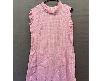 Vintage Pink Gingham Dress Womens Large Sleeveless Drop Waist Ruffle Collar 60s