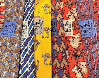 Hermes Silk Ties Lot of 6 Mens Made in France Koala Ostrich Anchor Stirrups