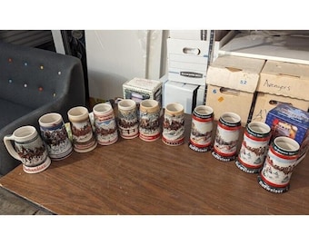 Vintage Beer Mugs - Lot of 13 Budweiser Steins - Christmas Clydesdales