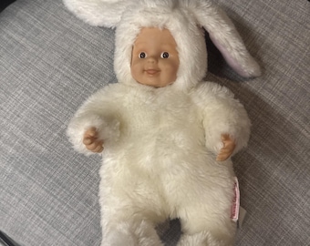 Vintage 1997 Anne Geddes 8" Baby Doll White Easter Bunny Rabbit Plush