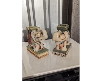 Pair Of Vintage 10" Chinese Handmade & Painted Ceramic Glazed Elephants Statue