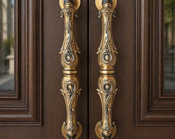 Antieke koperen sierlijke dubbele deurkruk (35 cm) – massief messing klassiek design