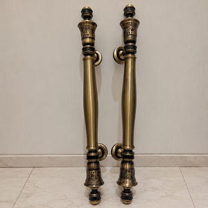 Ornate Antique Brass Door Pull Handle Pair – 18.5" Vintage Entry Hardware
