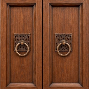 Pode incluir: Duas portas de armário em madeira castanho-escura com um design de painel retangular vertical embutido. Cada porta possui uma placa quadrada de metal bronze escuro ornamentado e um puxador de anel texturizado a condizer.