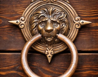 Aldaba de puerta antigua de latón con cabeza de león – Diseño vintage ornamentado, aldaba clásica, elegante decoración para la puerta principal.