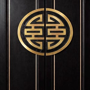 Enfeite de porta de luxo em latão antigo com o símbolo da dupla felicidade – Ornamento chinês para armário – 11,5 cm x 12 cm