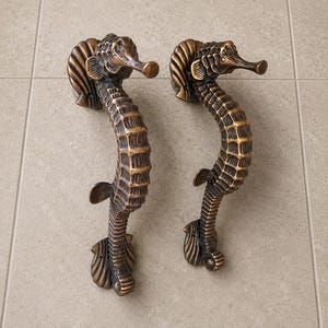 Luxury Brass Seahorse Door Handle, Nautical Front Door Hardware, Coastal Door Pull