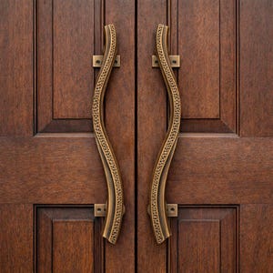 May include: A pair of bronze-colored door handles with a curved, wave-like design. The handles are mounted on a dark brown wooden door, with visible paneling and a square mounting plate.