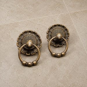 Antique Brass Floral Ring Door Knocker, Rustic Farmhouse Entry Hardware (2 pcs)