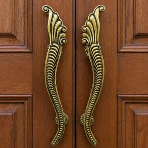 Antique Brass Curved Handle – Ornamental Solid Double Door Pull (16.93 Inch)