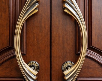 Luxury Antique Brass Door Handle 40 cm (15.7 inches) – Elegant Curved Double Door Pull, Handcrafted Vintage Entryway Hardware