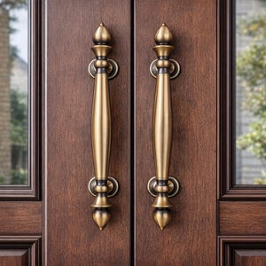 以下が含まれることがあります： 2つの真鍮製のドアハンドルが付いた木製のドアのクローズアップ。ドアは濃い茶色で、ハンドルは装飾的で細長いデザインです。ハンドルはドアパネルの中央に配置され、両側に窓があります。