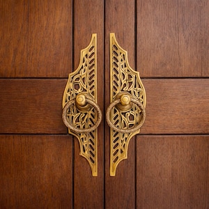 Könnte beinhalten: Nahaufnahme eines Paares verzierter Messing-Türgriffe mit Ringgriffen. Die Griffe sind an einer dunkelbraunen Holztür angebracht. Die Griffe haben ein detailliertes, durchbrochenes Design.