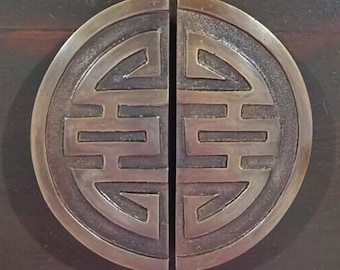 Maniglia per mobile "Double Happiness" in ottone anticato – Tirante rotondo orientale per porta, ferramenta vintage per mobili.