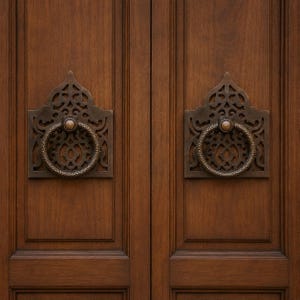 May include: Two dark brown wooden doors featuring symmetrical, ornate bronze-toned metal door knockers. Each knocker consists of a circular ring attached to a decorative, intricate openwork backplate with a pointed, arched top design.