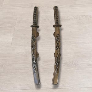 Dragon Samurai Sword Door Pull Handle Set, Antique Brass Japanese Hardware