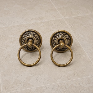 Antique Brass Floral Ring Door Knockers Set of 2, Vintage Rustic Front Door Hardware
