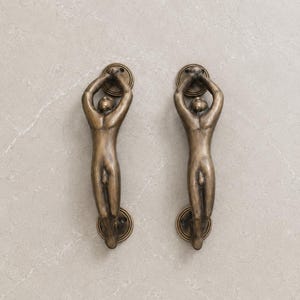 Artistic Brass Human Door Handle, Sculptural Double Door Hardware, Antique Finish Pull