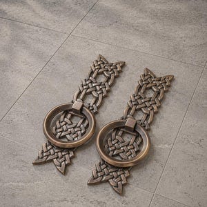 Pair of Antique Brass Celtic Door Knockers – Vintage Style Double Door Handles